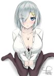  1girl 2017 blue_eyes blush breasts cleavage commentary_request hair_between_eyes hair_ornament hamakaze_(kantai_collection) kantai_collection koappu large_breasts looking_at_viewer pantyhose short_hair silver_hair sitting solo 