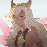  1girl animal_ears artist_name bare_arms bare_shoulders breasts cat_ears closed_mouth dark_skin erun_(granblue_fantasy) eyebrows_visible_through_hair flower granblue_fantasy green_eyes grey_hair hair_flower hair_ornament koyorin lips long_hair looking_at_viewer nemone sideboob smile solo strap 