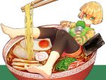  1girl arms_(game) bangs barefoot beanie blonde_hair chinese_clothes chopsticks facepaint feet food green_eyes hat kibamigohann legwear_under_shorts looking_at_viewer mask min_min_(arms) no_shoes noodles plate ramen short_hair shorts soles solo solo_focus soup toes 