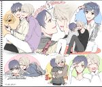  &gt;_&lt; 2boys :d ^_^ all_fours black_hair blue-framed_eyewear book brown_eyes cellphone closed_eyes collage flower glasses hair_ornament hairclip hand_on_another&#039;s_face hands_on_own_cheeks hands_on_own_face head_wreath heart hug hug_from_behind jewelry katsuki_yuuri lying male_focus multiple_boys on_stomach one_eye_closed open_book open_mouth phone reading ring rose silver_hair sitting smartphone smile takezaki_(artist) viktor_nikiforov yaoi yuri!!!_on_ice 