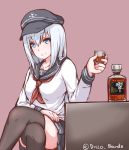  1girl alcohol black_legwear blue_eyes blush bottle breasts cup disco_brando flat_cap hat hibiki_(kantai_collection) highres kantai_collection legs_crossed long_hair long_sleeves looking_at_viewer medium_breasts neckerchief older school_uniform serafuku silver_hair simple_background sitting sketch smile solo thigh-highs whiskey 