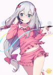  1girl azumi_akitake blue_eyes blush bow breasts collarbone commentary_request copyright_name cowboy_shot eromanga_sensei hair_bow hair_ribbon headphones izumi_sagiri long_hair looking_at_viewer microphone open_mouth pencil pink_shirt pink_shorts ribbon shirt shorts silver_hair small_breasts standing standing_on_one_leg white_background 