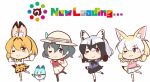  4girls :3 animal_ears animated animated_gif backpack bag black_hair blonde_hair bow bowtie brown_eyes bucket_hat closed_eyes commentary_request elbow_gloves english fennec_(kemono_friends) fox_ears fox_tail fur_trim gloves green_hair grey_eyes grey_hair hair_between_eyes hat hat_feather ido_(teketeke) japari_symbol kaban_(kemono_friends) kemono_friends loading_screen lucky_beast_(kemono_friends) multicolored_hair multiple_girls one_eye_closed outstretched_arms pantyhose_under_shorts pleated_skirt puffy_short_sleeves puffy_sleeves raccoon_(kemono_friends) raccoon_ears raccoon_tail serval_(kemono_friends) serval_ears serval_print serval_tail shirt short_hair short_sleeves shorts skirt sleeveless sleeveless_shirt smile spinning spread_arms standing standing_on_one_leg striped_tail t-shirt tagme tail thigh-highs ugoira 