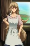  1girl absurdres apron atra_mixta chibi_yawawa curtains gundam gundam_tekketsu_no_orphans highres holding ladle light_brown_hair long_hair older red_eyes spoilers very_long_hair 