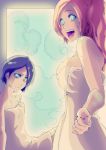  2girls absurdres black_hair bleach blue_eyes breasts eyes flat_chest highres hot inoue_orihime kubo_taito kuchiki_rukia large_breasts long_hair looking_at_viewer multiple_girls naked_towel onsen orange_hair short_hair smile steam sweat sweating towel violet_eyes wet 