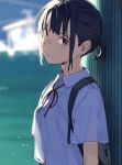  1girl arms_at_sides backpack bag bangs black_hair blouse blurry brown_eyes closed_mouth depth_of_field eyebrows_visible_through_hair light_smile looking_at_viewer original ouchi_kaeru outdoors school_uniform short_sleeves short_twintails sidelocks solo tsurime twintails upper_body white_blouse 