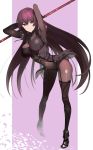  1girl armpits arms_up bodysuit boots breasts covered_navel eyebrows_visible_through_hair fate/grand_order fate_(series) full_body hair_between_eyes hareno_chiame impossible_bodysuit impossible_clothes large_breasts leaning_forward long_hair looking_at_viewer pauldrons petals polearm purple_hair red_eyes scathach_(fate/grand_order) smile solo standing very_long_hair weapon 