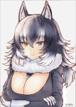  1girl absurdres animal_ears between_breasts black_hair blue_eyes blush breasts cleavage fang_out fur_collar gloves grey_wolf_(kemono_friends) heterochromia highres kemono_friends large_breasts long_hair long_sleeves looking_at_viewer multicolored_hair necktie necktie_between_breasts simple_background solo two-tone_hair white_background wolf_ears yamamiya_saki yellow_eyes 