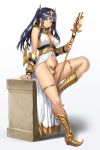  1girl black_hair boots breasts c-string egyptian egyptian_clothes gold heterochromia highres horus_(houtengeki) houtengeki jewelry large_breasts long_hair multicolored multicolored_eyes original red_eyes solo staff twintails yellow_eyes 