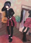  1girl artist_name beanie bedroom black_cat black_choker black_jacket black_pants black_shoes blush cat chest_of_drawers closed_mouth clothes_around_waist clothes_hanger eyebrows_visible_through_hair full_body gradient_hair guitar guitar_stand hanamei hand_in_hair hand_in_pocket hat highres instrument jacket jacket_around_waist long_sleeves looking_at_viewer midriff mirror multicolored_hair open_clothes open_jacket original pants pet plaid_jacket plant potted_plant red_eyes red_jacket reflection rug shoes short_hair solo speedpaint unbuttoned 