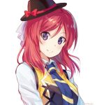  1girl arms_at_sides artist_name blue_necktie closed_mouth collared_shirt eyebrows_visible_through_hair fedora hat looking_at_viewer love_live! love_live!_school_idol_project necktie nishikino_maki nonono redhead shirt simple_background smile solo striped striped_necktie upper_body violet_eyes wavy_hair white_background 