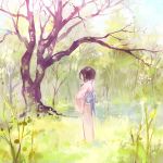  1girl alt_(apou) black_hair blurry closed_eyes faux_traditional_media hands_on_own_chest highres japanese_clothes kimono light_smile muted_color obi original outdoors pond sash scenery short_hair sketch solo sunlight tree yukata 