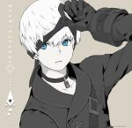  1boy backpack bag bangs black_choker black_gloves black_jacket blindfold blindfold_lift blue_eyes buttons choker collarbone copyright_name gloves hair_between_eyes hand_up jacket long_sleeves male_focus mopiwo nier_(series) nier_automata parted_lips short_hair simple_background spot_color strap twitter_username upper_body white_hair yorha_no._9_type_s 