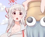  1girl absurdres blue_sky breasts clouds day fujiwara_no_mokou highres holding large_breasts long_sleeves omanyte red_eyes sky solo sun suspenders tochinoko touhou upper_body 