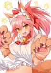  1girl absurdres animal_ears apron bell bell_collar bow collar erect_nipples fate/extra fate/grand_order fate_(series) fox_ears fox_tail gloves hair_between_eyes hair_bow highres long_hair maid_headdress naked_apron nekomicha paw_gloves paws pink_hair ponytail solo tail tamamo_(fate)_(all) tamamo_cat_(fate) yellow_eyes 
