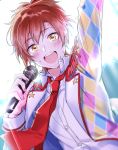  1boy :d amamiya_kanade arm_up blush dorifesu! dutch_angle high_ponytail idol looking_at_viewer male_focus microphone necktie open_mouth ponytail red_necktie redhead smile solo sparkle sweat tsuchiya_(1315444) yellow_eyes 