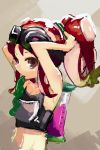  1girl adjusting_hair alternate_hairstyle arms_behind_head arms_up breastplate breasts brown_eyes cleavage goggles goggles_on_head hair_up highres katsudansou long_hair octarian paint ponytail redhead small_breasts solo splatoon takozonesu tentacle_hair tying_hair upper_body 