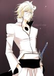  1boy alexa_pasztor artist_name bleach blue_eyes cosplay facial_mark fay_d_flourite gradient gradient_background hands_in_pockets headgear hole_in_chest male_focus smile solo sword tsubasa_chronicle ulquiorra_cifer ulquiorra_cifer_(cosplay) upper_body weapon white_hair 