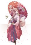  1girl :o animal animal_ears animal_on_shoulder bird bird_on_shoulder blue_eyes boots braid brown_boots brown_footwear eyelashes fingernails floral_print flower fox_ears fox_girl fox_tail full_body hair_flower hair_ornament hakama highres holding holding_animal holding_umbrella invisible_chair japanese_clothes kimono light_brown_hair long_hair looking_at_another looking_away looking_to_the_side meiji_schoolgirl_uniform multicolored multicolored_background open_mouth oriental_umbrella original oro_ponzu petals pink_background pink_flower red_flower red_umbrella shoelaces sitting tail tareme twin_braids twintails two-tone_background umbrella very_long_hair white_background 