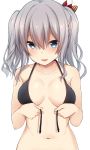  1girl :d alternate_costume bare_shoulders bikini bikini_top black_bikini_top blue_eyes blush breasts collarbone front-tie_bikini front-tie_top kantai_collection kashima_(kantai_collection) looking_at_viewer medium_breasts nagami_yuu navel open_clothes open_mouth silver_hair simple_background smile solo swimsuit tsurime undressing untied untied_bikini upper_body wavy_hair white_background 