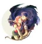  1boy 1girl armor blue_hair bow_(weapon) capelet clenched_teeth cloak closed_eyes coma couple dagger earrings fire_emblem fire_emblem:_seima_no_kouseki gloves headband hetero hug jewelry kuzumosu leather leather_gloves neimi pink_hair ponytail short_hair shoulder_armor smile teeth weapon wrist_grab 