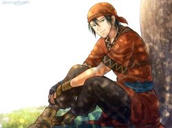  1boy fingerless_gloves fire_emblem fire_emblem:_rekka_no_ken gloves headband in_tree komugikomix looking_at_viewer rath short_sleeves sitting sitting_in_tree smile solo solo_focus tree 