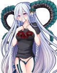  1girl :o alternate_costume atono114 bikini_bottom blue_hair blush braid breasts fate/grand_order fate_(series) head_tilt horns long_hair looking_at_viewer medium_breasts parted_lips pointy_ears shirt solo standing symbol-shaped_pupils t-shirt tiamat_(fate/grand_order) translation_request twin_braids very_long_hair violet_eyes 