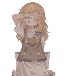  1girl apron arm_up blonde_hair bow braid clenched_teeth clothes_grab covering_eyes covering_face crying despair dripping grimace hair_bow iiha_toobu kirisame_marisa long_hair muted_color no_hat no_headwear sad single_braid sobbing solo tears teeth touhou turtleneck vest waist_apron wiping_tears 