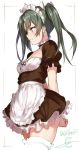  1girl apron dress hair_ribbon isshiki_(ffmania7) kantai_collection maid maid_apron maid_headdress ribbon thigh-highs twintails zettai_ryouiki zuikaku_(kantai_collection) 