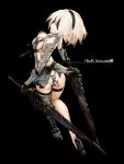  1girl ass black_background blindfold breasts butt_crack cosplay dual_wielding hairband high_heels highres kaine_(nier) kaine_(nier)_(cosplay) katana kazama_raita medium_breasts mole mole_under_mouth nier nier_(series) nier_automata short_hair sideboob simple_background solo sword thighs weapon white_hair yorha_no._2_type_b 