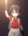  1girl arm_up backpack bag black_eyes black_gloves black_hair cowboy_shot embers gloves highres kaban_(kemono_friends) keitomato kemono_friends night red_shirt shirt short_hair shorts solo t-shirt torch twitter_username 