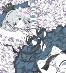  1girl armpits arms_up asymmetrical_clothes asymmetrical_hair bandaged_arm bandaged_leg bangs bare_shoulders black_gloves black_ribbon blue_dress blunt_bangs braid breasts cleavage collarbone dress elbow_gloves flower frilled_panties frills gloves grey_hair hair_flower hair_ornament hair_rings kaine_(nier) lily_(flower) lingerie looking_at_viewer lying medium_breasts mopiwo navel negligee nier nier_(series) on_back panties parted_lips ribbon sash short_hair_with_long_locks single_braid single_thighhigh solo strap_gap thigh-highs thigh_gap underwear weapon white_flower white_panties yellow_eyes 