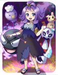  1girl :d acerola_(pokemon) armlet balloon blue_eyes breasts clouds collarbone costume dress drifloon elite_four eyelashes fangs fingernails flipped_hair froslass full_body gastly hair_ornament heart highres holding holding_poke_ball ice looking_at_viewer looking_away looking_to_the_side on_head open_mouth outline pikachu_costume poke_ball pokemon pokemon_(game) pokemon_sm purple purple_hair sandals short_hair short_sleeves small_breasts smile standing stitches tareme teeth tongue topknot torn_clothes torn_dress torn_sleeves trial_captain violet_eyes yellow_sclera yu_(mekeneko1998) 