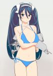  1girl bikini blue_bikini blue_eyes blue_hair blush breast_hold breasts cannon cleavage frown grey_background hair_between_eyes hair_ornament hair_ribbon isuzu_(kantai_collection) kantai_collection large_breasts long_hair looking_at_viewer ribbon side-tie_bikini signature simple_background so_shina solo swimsuit twintails 