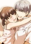  1boy 1girl :d ^_^ arms_around_neck bangs bare_arms brother_and_sister brown_hair cheek-to-cheek closed_eyes collared_shirt doujima_nanako dress eyebrows_visible_through_hair hand_on_another&#039;s_head happy hug kiyomiya narukami_yuu open_mouth persona persona_4 shirt short_sleeves siblings silver_hair sleeveless smile twintails upper_body wing_collar 