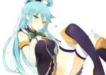  1girl aqua_(konosuba) bangs black_blouse black_skirt blouse blue_eyes blue_hair blush closed_mouth detached_sleeves frilled_shirt_collar frills hair_between_eyes hand_on_own_chest knees_up kono_subarashii_sekai_ni_shukufuku_wo! long_hair looking_at_viewer lpip simple_background sitting skirt solo thigh-highs water_drop white_background white_legwear 