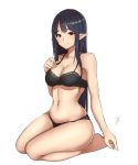 1girl arm_at_side bare_arms bare_legs bare_shoulders black_hair blush bra breasts cleavage embarrassed full_body groin hand_on_own_chest large_breasts long_hair looking_at_viewer midriff navel original panties pointy_ears red_eyes seiza sidelocks sitting smile solo taka_(vert_320) underwear underwear_only 