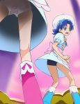  2girls animal_print blue_boots blue_eyes blue_hair blue_panties boots bunny_print fang food_print haruyama_kazunori hat kirakira_precure_a_la_mode multiple_girls open_mouth panties pink_boots precure puffy_sleeves short_hair standing strawberry_print tategami_aoi underwear usami_ichika 