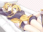  1boy 1girl ass bandaid blonde_hair blue_eyes blush bow brother_and_sister hair_bow hair_ornament hairclip headphones kagamine_len kagamine_rin looking_back lying lying_on_person musical_note on_back one_eye_closed open_mouth patterned_background project_diva_(series) ryou_(fallxalice) short_hair short_shorts shorts siblings sweatdrop twins vocaloid 
