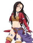  1girl aira_(dq7) black_eyes black_hair breasts dragon_quest dragon_quest_vii earrings gloves jewelry long_hair looking_at_viewer medium_breasts smile solo standing thigh-highs 