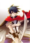  1boy beet_the_vandel_buster belt black_hair bracer brown_eyes cape gradient gradient_background hand_up highres holding holding_sword holding_weapon kaorukan looking_at_viewer male_focus red_cape short_hair simple_background solo spiky_hair sword weapon zenon_(beet_the_vandel_buster) 