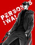  1boy beard brown_hair character_name cigarette copyright_name earrings facial_hair gun hat highres hood hoodie iwai_munehisa jewelry male_focus monochrome persona persona_5 piercing red_background simple_background solo tattoo upper_body weapon 
