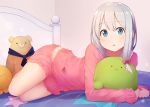  1girl absurdres akky_(akimi1127) aqua_eyes bed bow eromanga_sensei hair_bow highres izumi_sagiri long_hair looking_at_viewer lying on_side pajamas pink_bow silver_hair solo star stuffed_animal stuffed_octopus stuffed_toy teddy_bear 