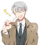  1boy ^_^ closed_eyes coat eunram finger_to_cheek heart-shaped_mouth male_focus necktie open_mouth silver_hair smile upper_body viktor_nikiforov yuri!!!_on_ice 