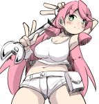  1girl akashi_(kantai_collection) bare_shoulders breasts cleavage denim green_eyes hair_ribbon highres kantai_collection large_breasts long_hair looking_at_viewer midriff navel partially_colored pink_hair ribbon short_shorts shorts sleeveless smile solo tank_top tress_ribbon twintails u-non_(annon&#039;an) wrench 