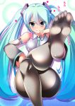  1girl ahen aqua_hair bare_shoulders blue_eyes breasts feet hatsune_miku legs_crossed long_hair looking_at_viewer medium_breasts pantyhose parted_lips sitting smile soles solo toes twintails very_long_hair vocaloid 