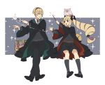  1boy 1girl ai-wa bird book bow brother_and_sister coat elise_(fire_emblem_if) fire_emblem fire_emblem_if hairband harry_potter hogwarts_uniform leon_(fire_emblem_if) long_hair necktie open_mouth owl school_uniform siblings simple_background sitting socks sparkle teeth twintails violet_eyes wand white_background 