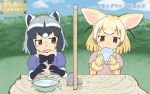  2girls :3 animal_ears black_gloves black_hair black_ribbon blonde_hair blue_shirt blue_sky blurry blurry_background blush blush_stickers bowl brown_eyes brown_hair character_name clouds collar commentary_request d: day dot_nose dripping eyebrow_twitching eyebrows_visible_through_hair eyelashes fang fennec_(kemono_friends) flat_color food food_in_mouth fox_ears fur_collar fur_trim gloves grass grey_hair holding holding_food japari_bun jitome kemono_friends looking_at_viewer looking_to_the_side multicolored_hair multiple_girls neck_ribbon nose_blush open_mouth outdoors pink_sweater puffy_short_sleeves puffy_sleeves raccoon_(kemono_friends) raccoon_ears raised_eyebrow ribbon rock satsuyo shadow shirt short_hair short_sleeve_sweater short_sleeves sitting sky smile sweat sweater table tearing_up tears translation_request tree upper_body water water_drop white_hair wooden_table yellow_gloves yellow_ribbon 