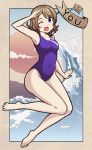  1girl barefoot blue_eyes brown_hair character_name competition_swimsuit highres looking_at_viewer love_live! love_live!_sunshine!! one-piece_swimsuit one_eye_closed open_mouth purple_swimsuit salute short_hair solo suzuhara_shima swimsuit tidal_wave watanabe_you 