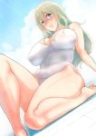  1girl aqua_eyes arm_support atago_(kantai_collection) bad_anatomy bare_arms bare_legs bare_shoulders barefoot bifidus blonde_hair blue_sky blush body_blush breasts cleavage closed_mouth clouds collarbone commentary_request covered_navel day dutch_angle erect_nipples eyebrows_visible_through_hair from_below gradient_hair green_hair hair_between_eyes kantai_collection knee_up large_breasts leaning_back light_rays lips long_hair multicolored_hair nose_blush one-piece_swimsuit pink_lips shiny shiny_skin sidelocks sitting sitting_on_floor skin_tight skindentation sky smile solo sunbeam sunlight swimsuit tareme thighs tile_floor tiles toe_scrunch white_swimsuit 